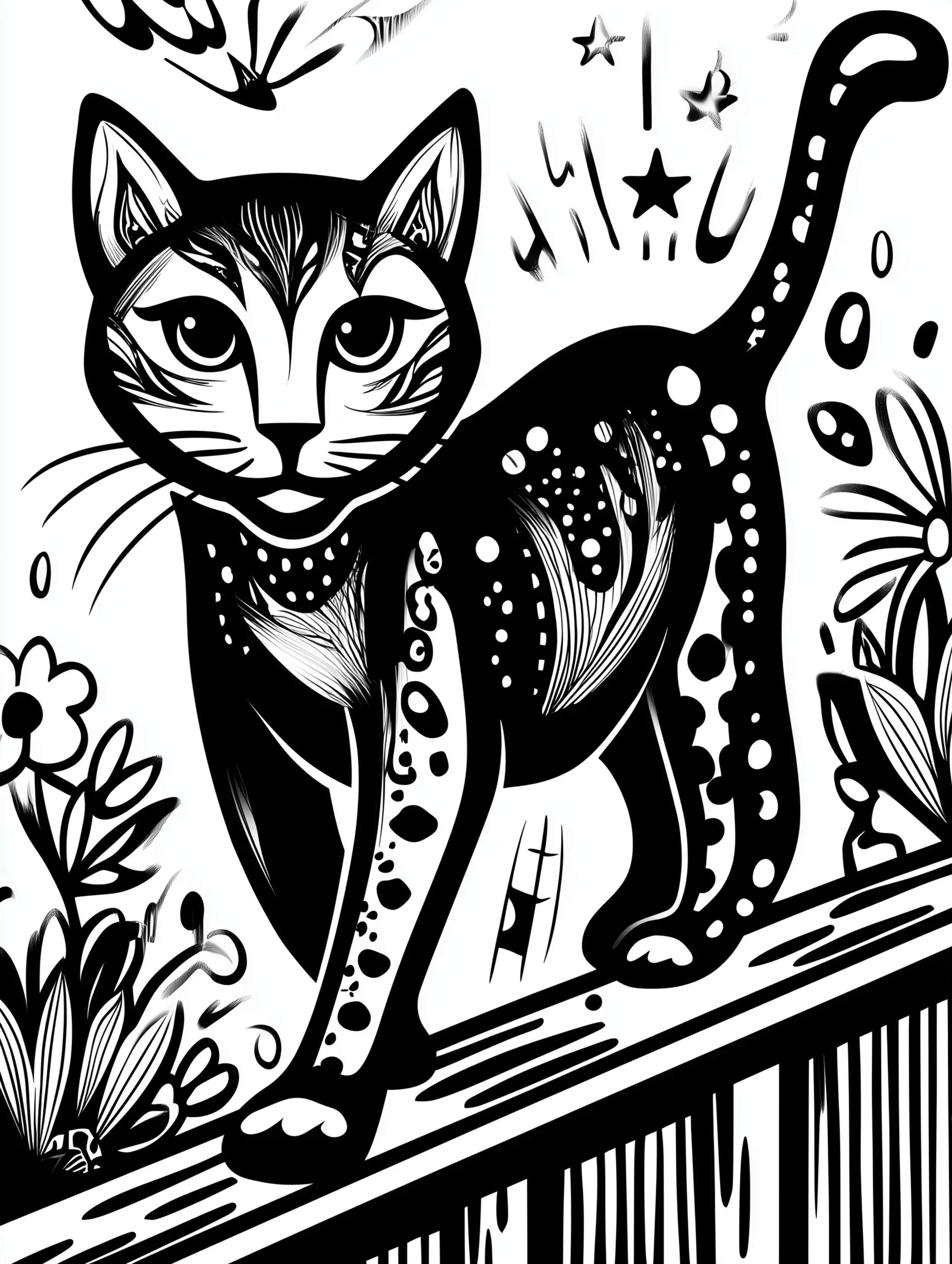 Free printable summer coloring page for adults featuring a cat walking along a bannister